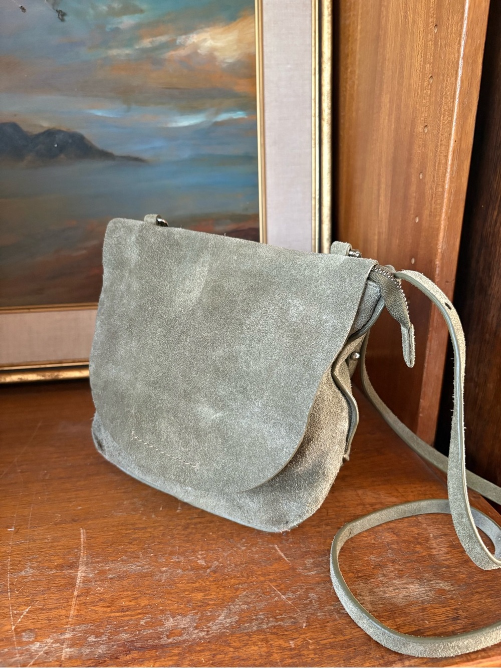 Minimalist Olive Green Suede Crossbody x Shoulder Bag